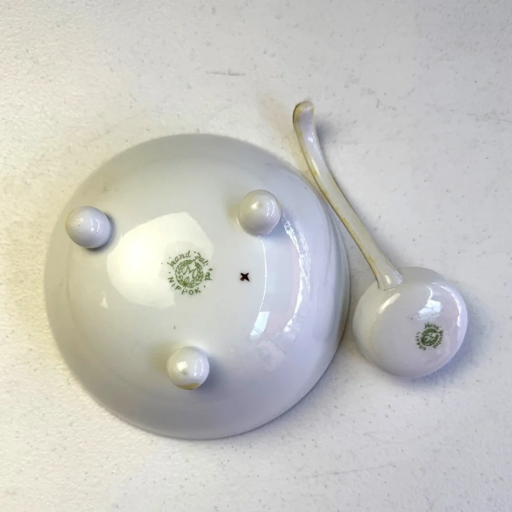 Nippon Antique Hand Painted Floral Porcelain Footed Bowl and Ladle Set 5.5